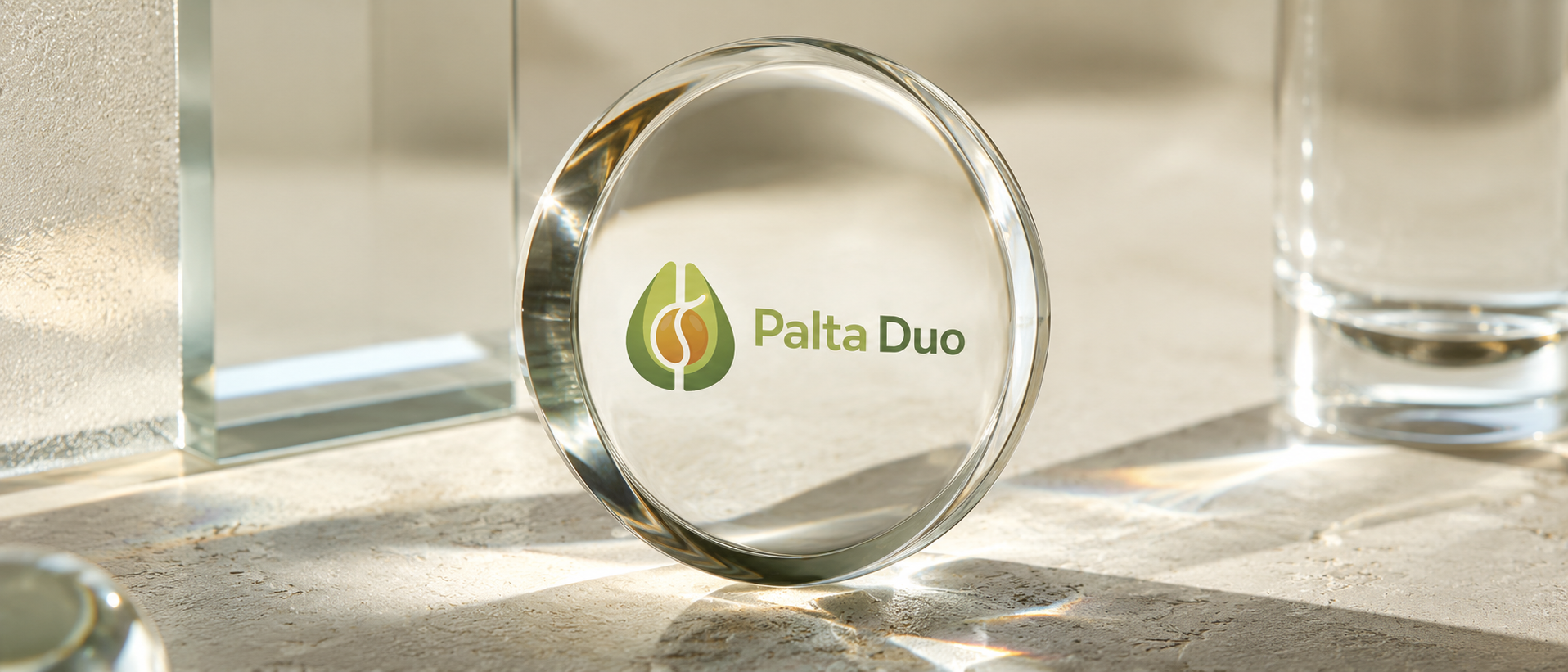 Logo Palta Duo transparente en lente 3D interactuando con la luz